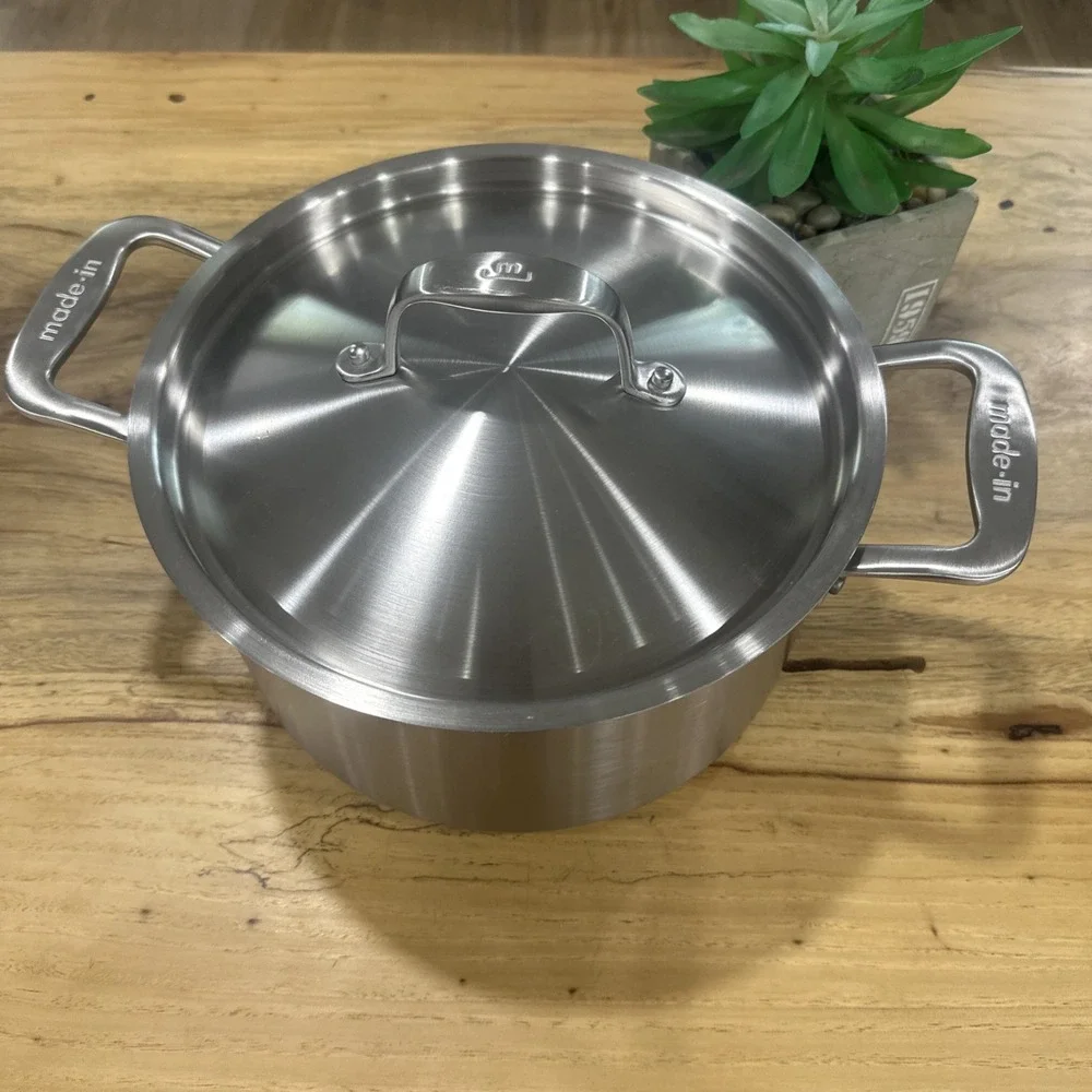 Made in 6 Quart Stock Pot with Lid - All Brushed Stainless Steel 5-Ply Clad